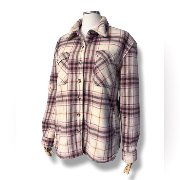 SAGE COLLECTIVE Pink Plaid Fleece Shacket Shirt Jacket Faux Shearling Lining - Picture 1 of 8